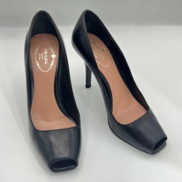 PRADA Black Open Square Toe Leather Heels - Picture 1 of 10